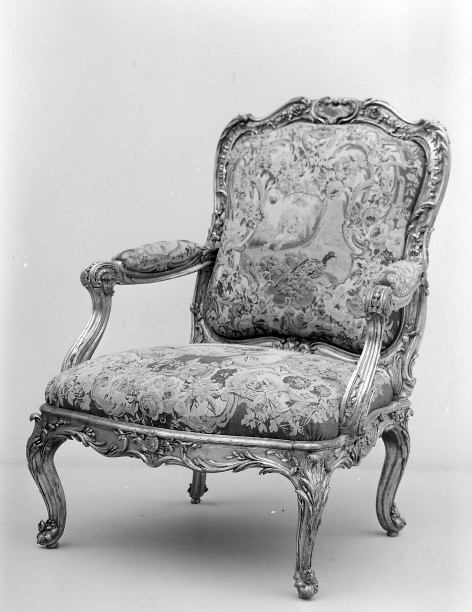 Armchair (part of a set), Frame by Nicolas-Quinibert Foliot (1706–1776, warden 1750/52), Carved and gilded beech; wool and silk tapestry, French, Paris 