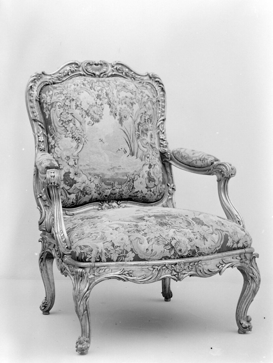 Armchair (part of a set), Frame by Nicolas-Quinibert Foliot (1706–1776, warden 1750/52), Carved and gilded beech; wool and silk tapestry, French, Paris 