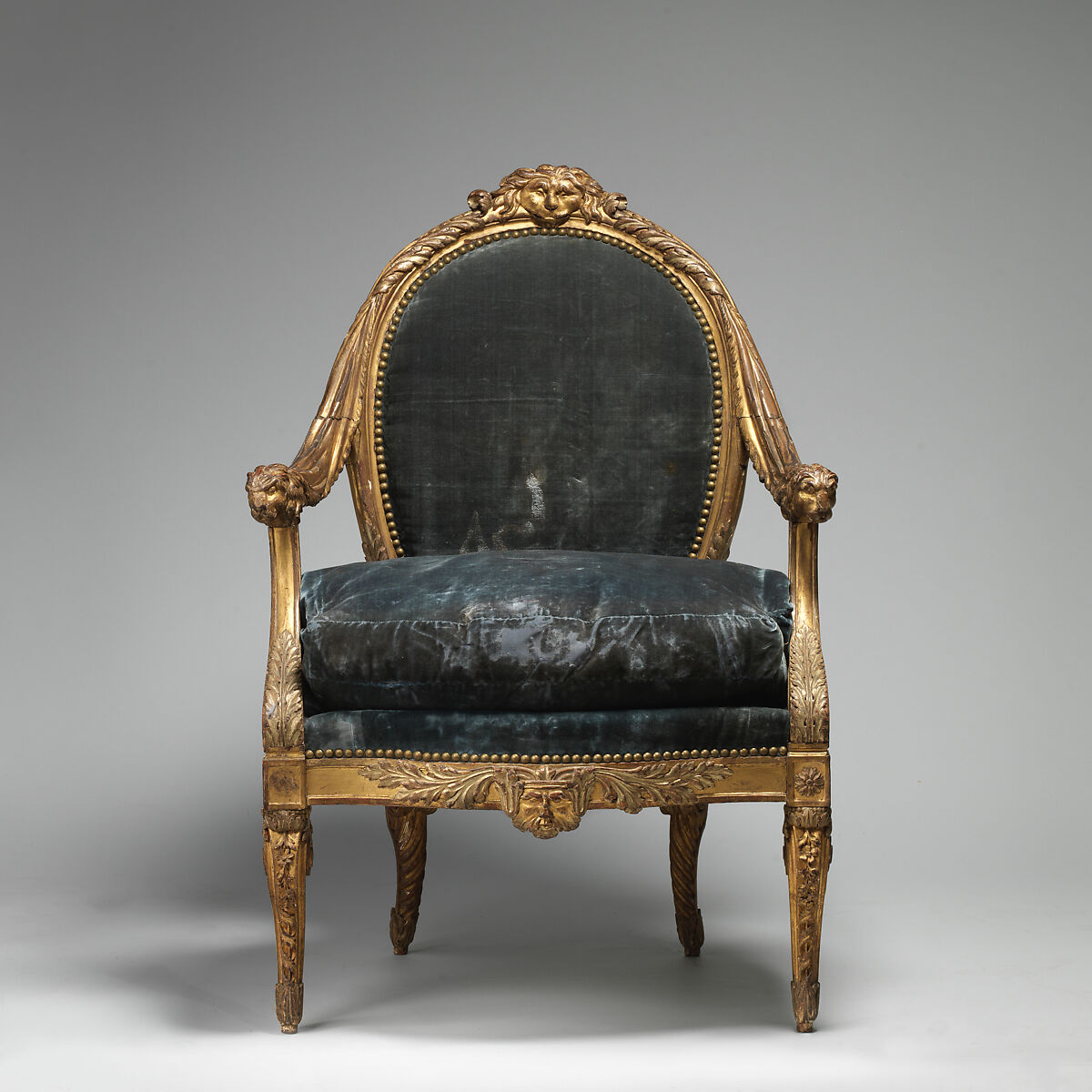 Armchair, Carved and gilded pearwood, blue velvet upholstery, British
