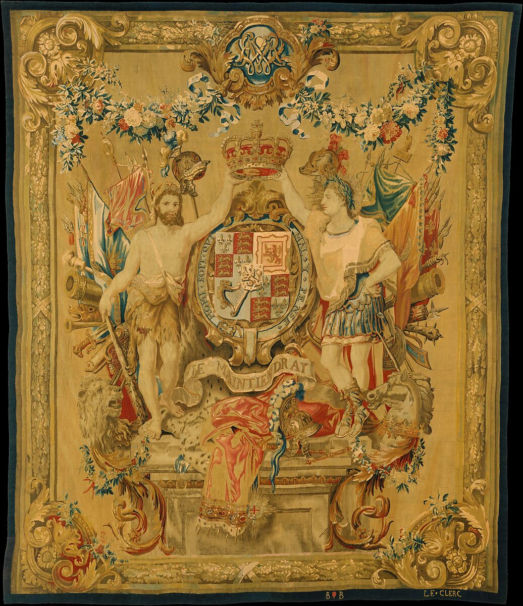 The Arms of William and Mary, Possibly Daniel Marot the Elder (French, Paris 1661–1752 The Hague), Wool, silk, metal thread (20 warps per inch, 9 per cm.), Flemish, Brussels 