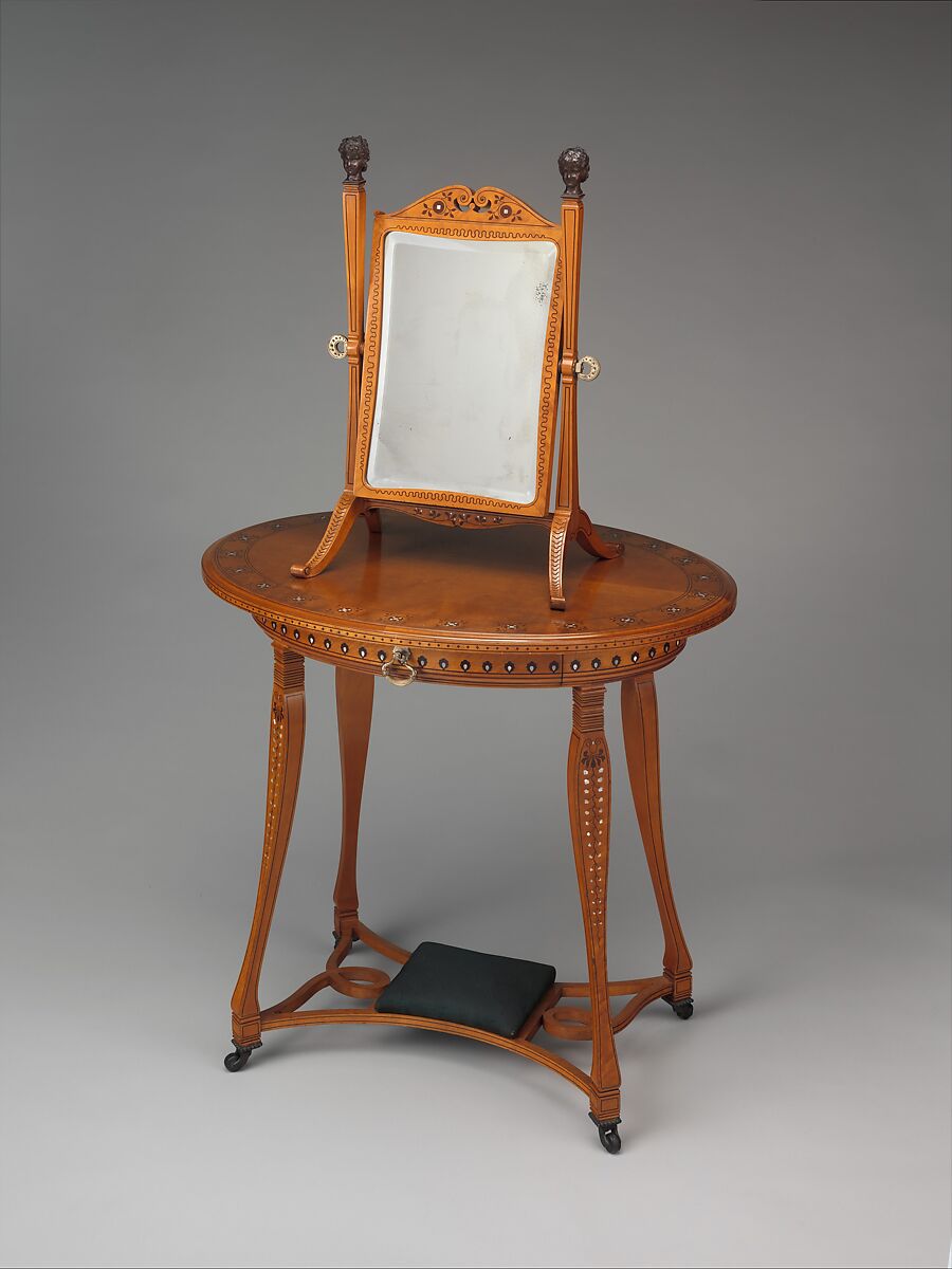 Dressing table, George A. Schastey (American (born Germany), Merseburg 1839–1894 at sea), Satinwood, purpleheart, mother-of-pearl, brass, silver-plated brass, and original upholstery, American