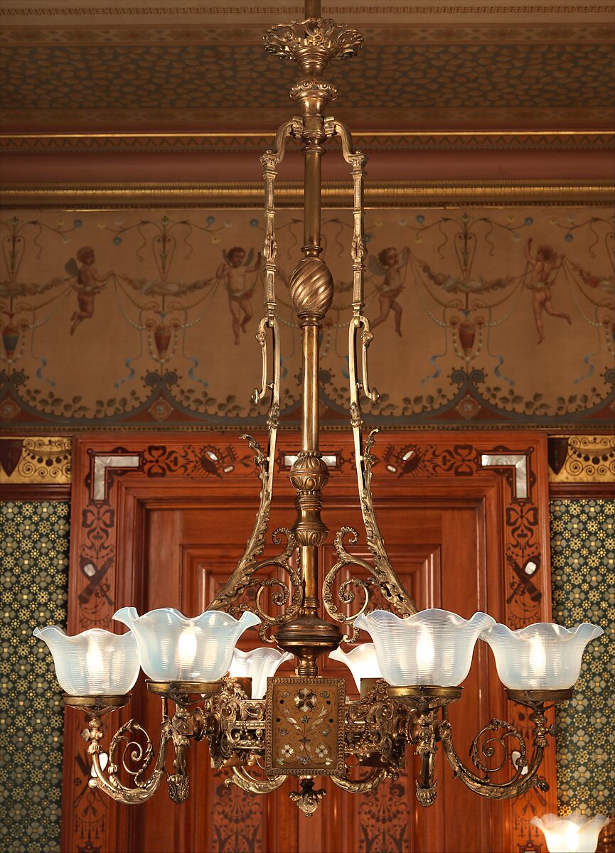 Chandelier, Possibly George A. Schastey &amp; Co. (American, New York, 1873–1897), Brass, mother-of-pearl, glass shades, and semi-precious stones, American 