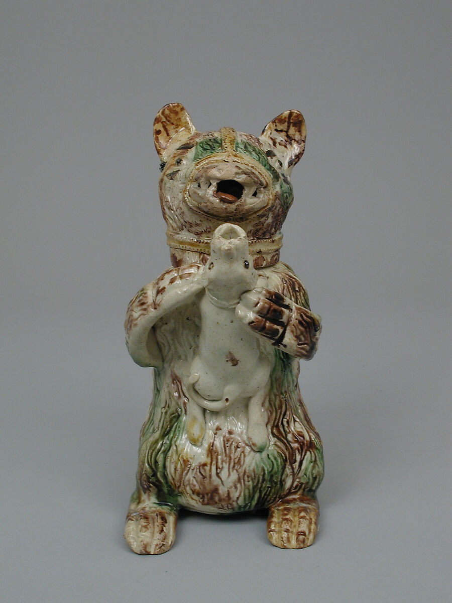 Jug in the form of a bear hugging a small dog, Style of Astbury-Whieldon, Lead-glazed earthenware, British, Staffordshire