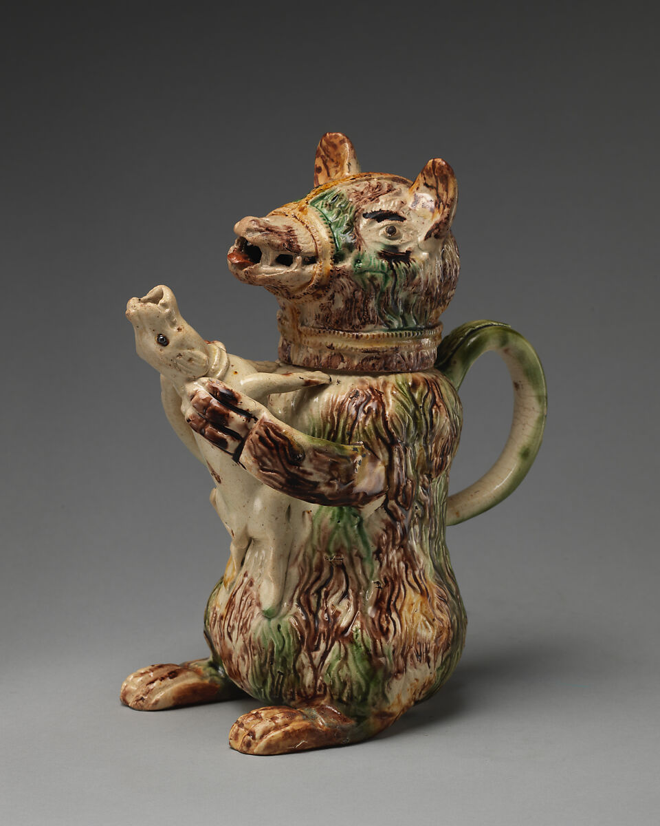Jug in the form of a bear hugging a small dog, Style of Astbury-Whieldon, Lead-glazed earthenware, British, Staffordshire 