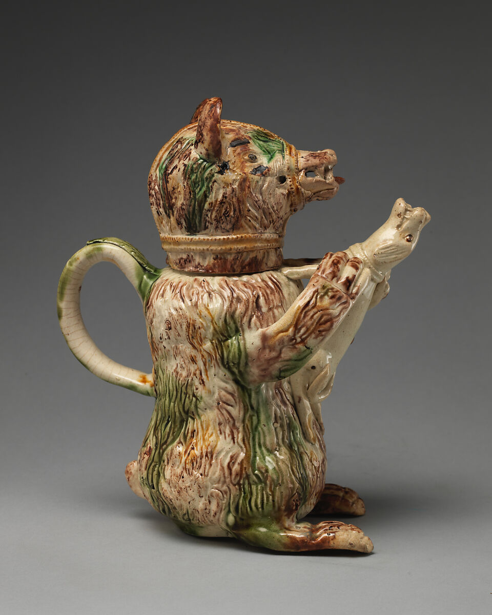 Jug in the form of a bear hugging a small dog, Style of Astbury-Whieldon, Lead-glazed earthenware, British, Staffordshire