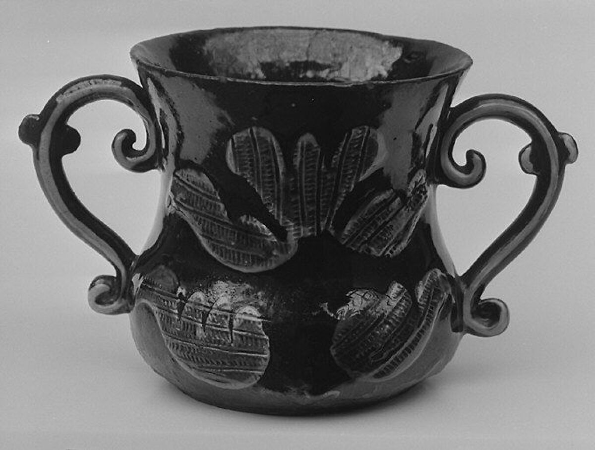 Two-handled cup, Slip-decorated earthenware, probably British, Staffordshire 