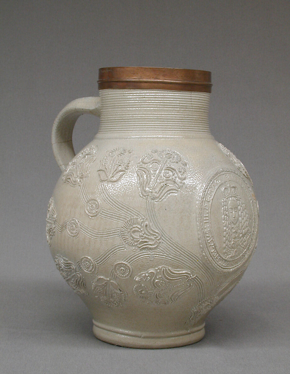 Jug, Salt-glazed stoneware; copper, German, Westerwald