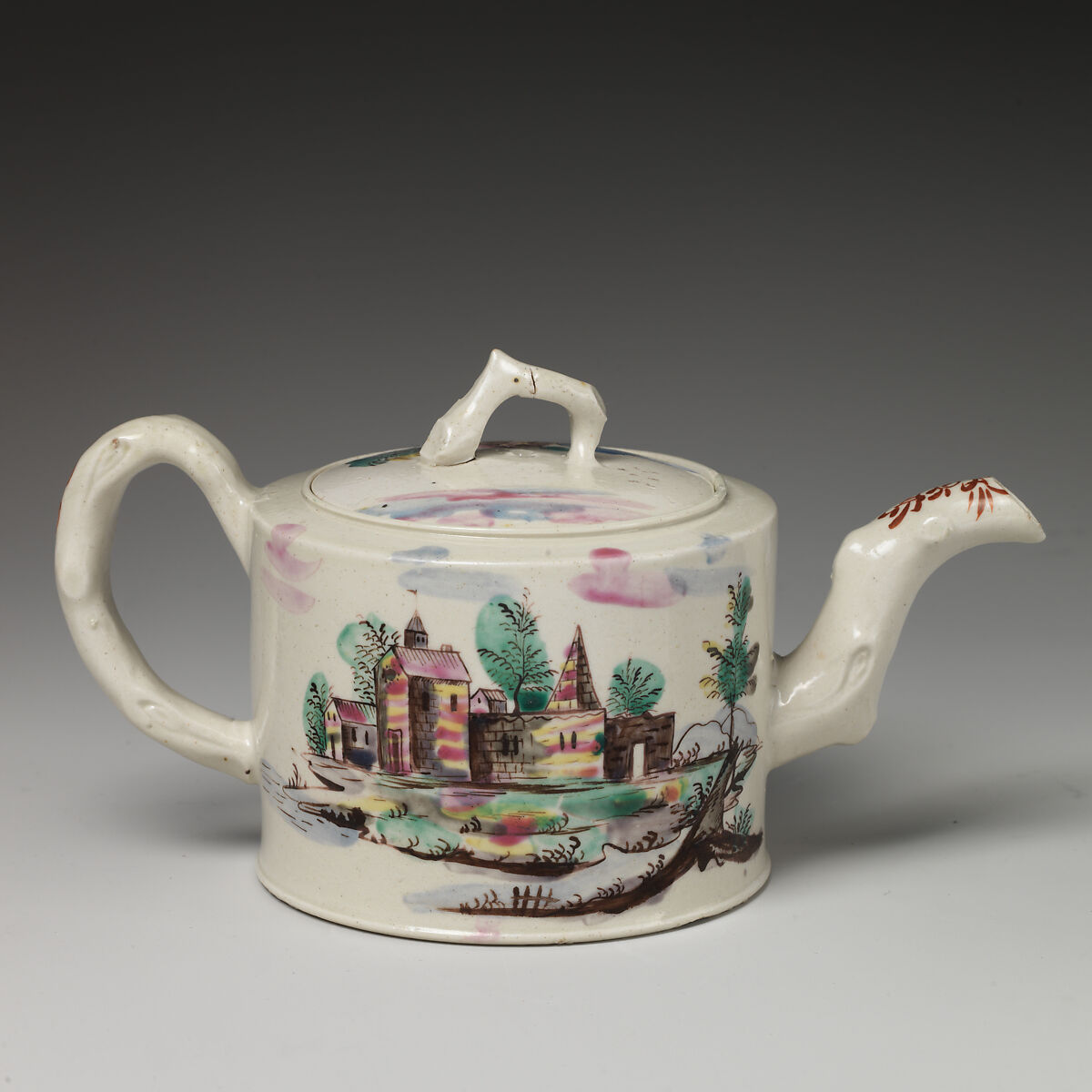 Teapot, Salt-glazed stoneware with enamel decoration, British, Staffordshire 