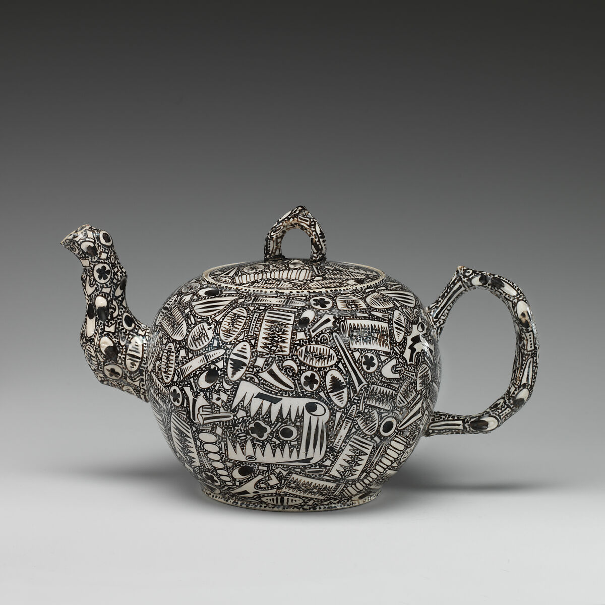 Teapot with fossil decoration, Salt-glazed stoneware with enamel decoration, British, Staffordshire 