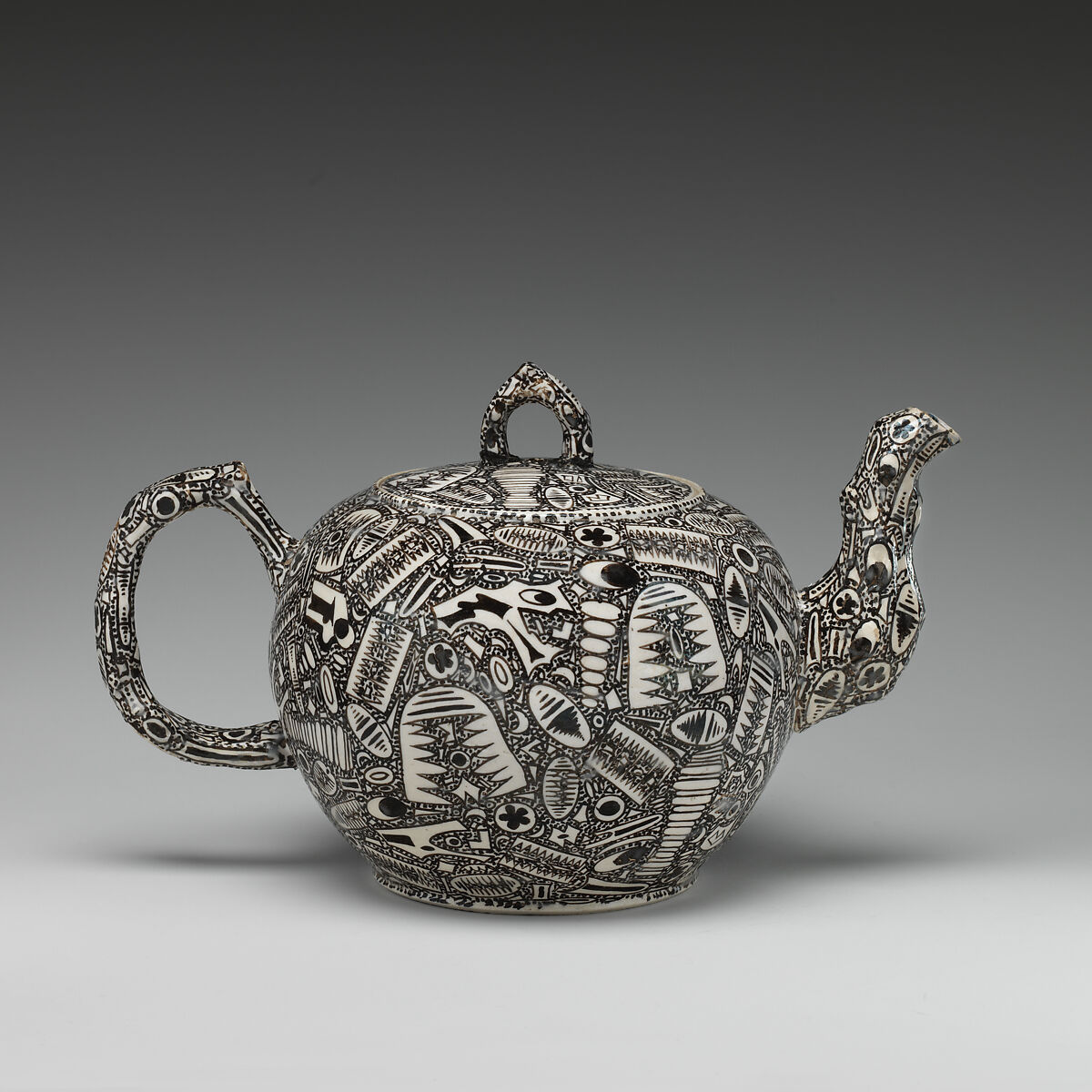 Teapot with fossil decoration, Salt-glazed stoneware with enamel decoration, British, Staffordshire