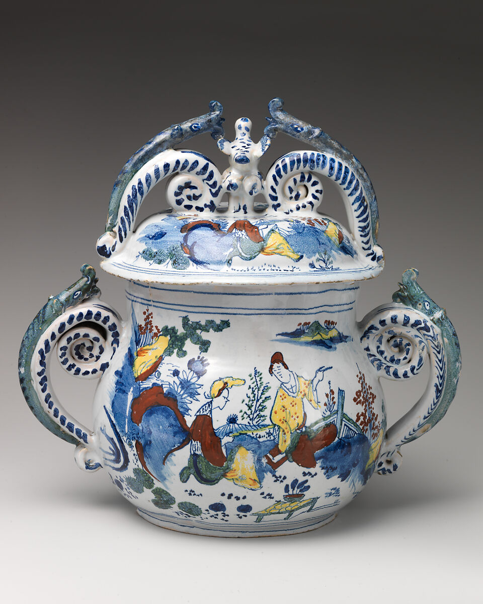 Posset pot with cover, Delftware (tin-glazed earthenware), British, Bristol