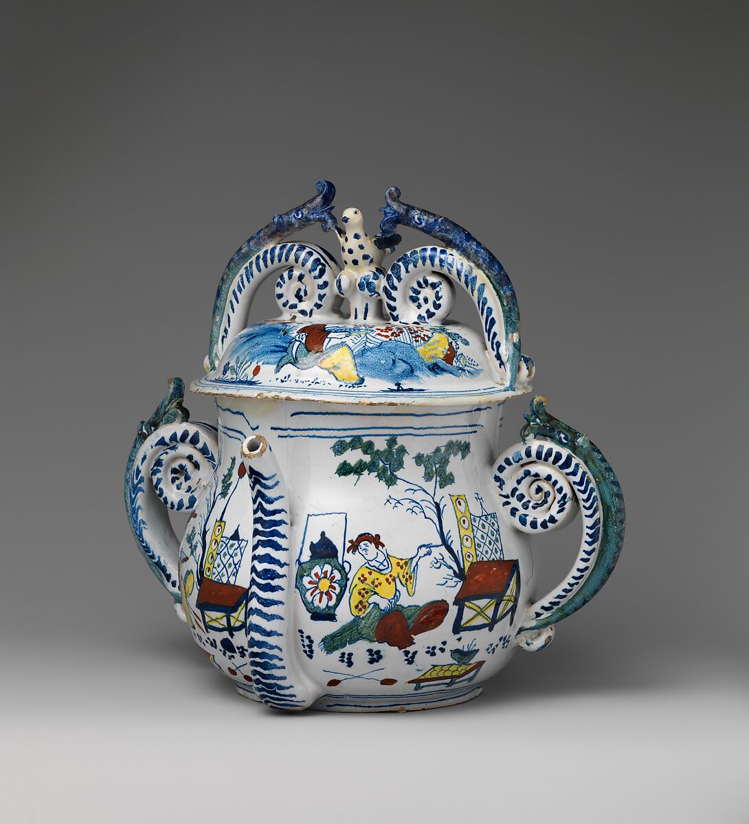 Posset pot with cover, Delftware (tin-glazed earthenware), British, Bristol 