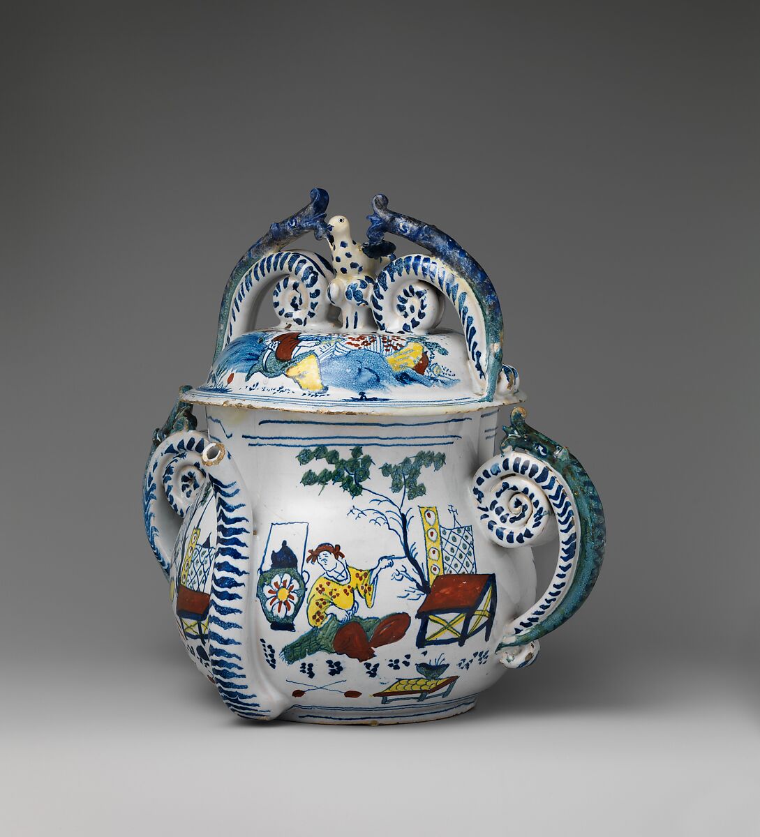 Posset pot with cover, Delftware (tin-glazed earthenware), British, Bristol