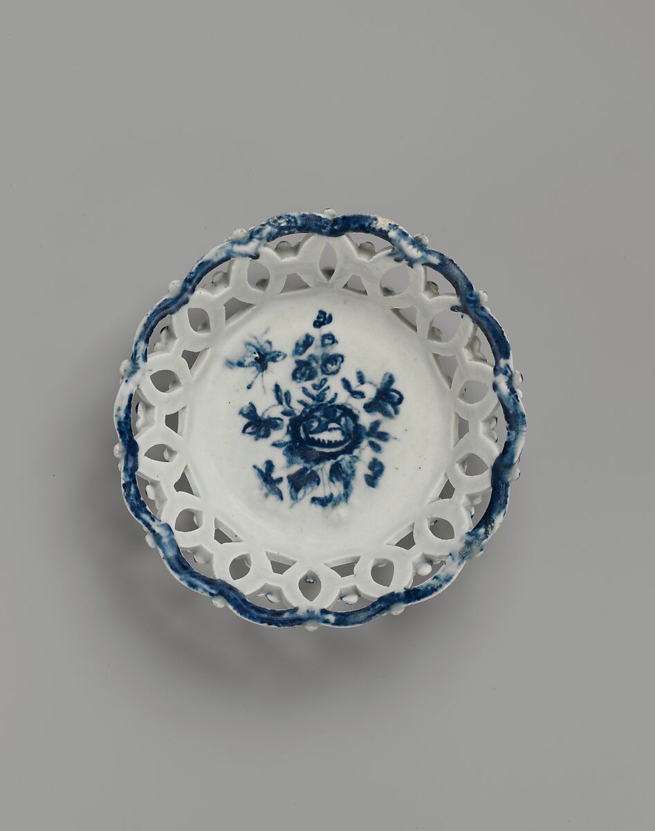 Openwork fruit basket, Manufactured by American China Manufactory (Philadelphia, Pennsylvania, 1770–1772), Soft-paste porcelain with underglaze blue decoration, American 