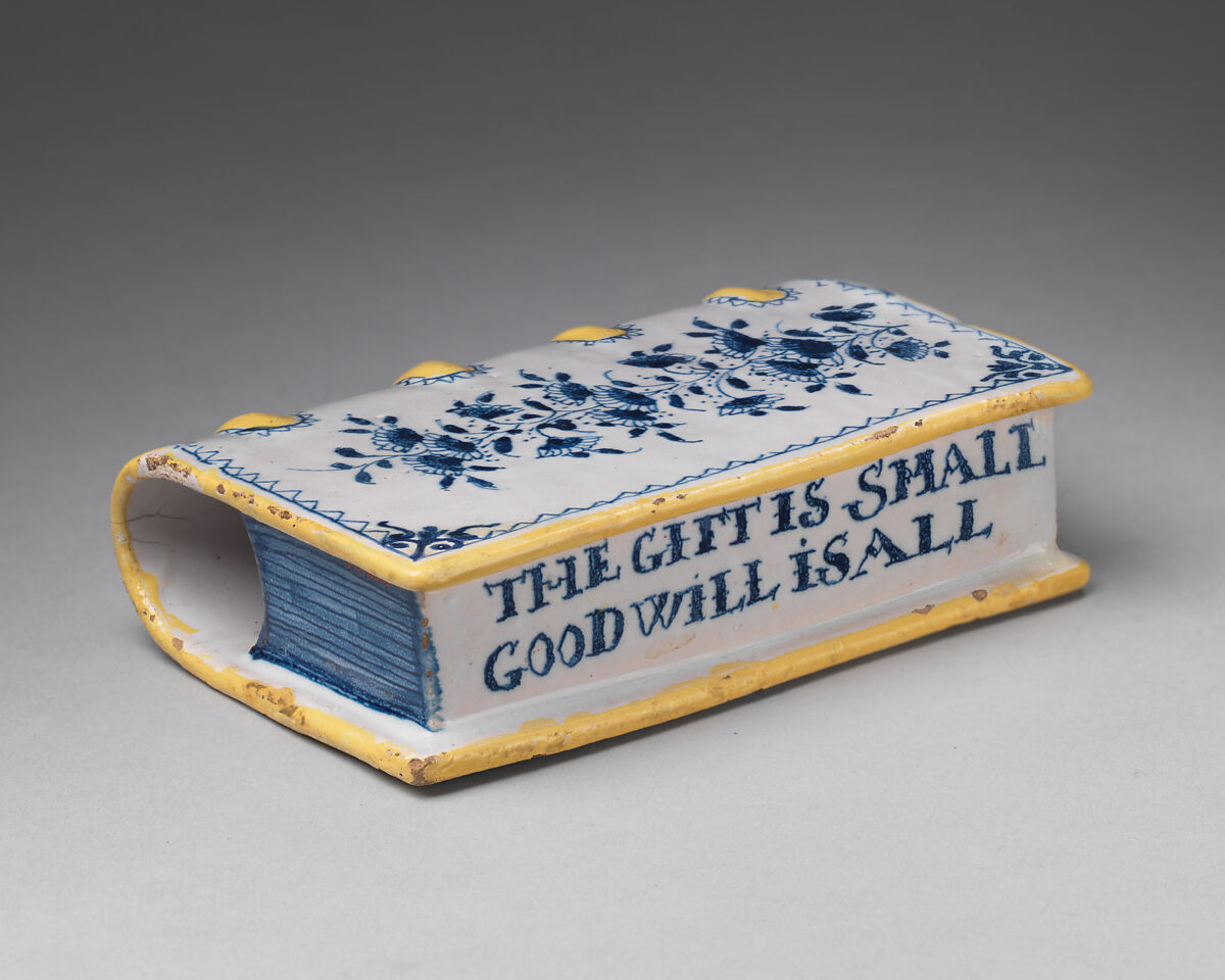Hand warmer or flask in the shape of a book, Tin-glazed earthenware, British, Lambeth