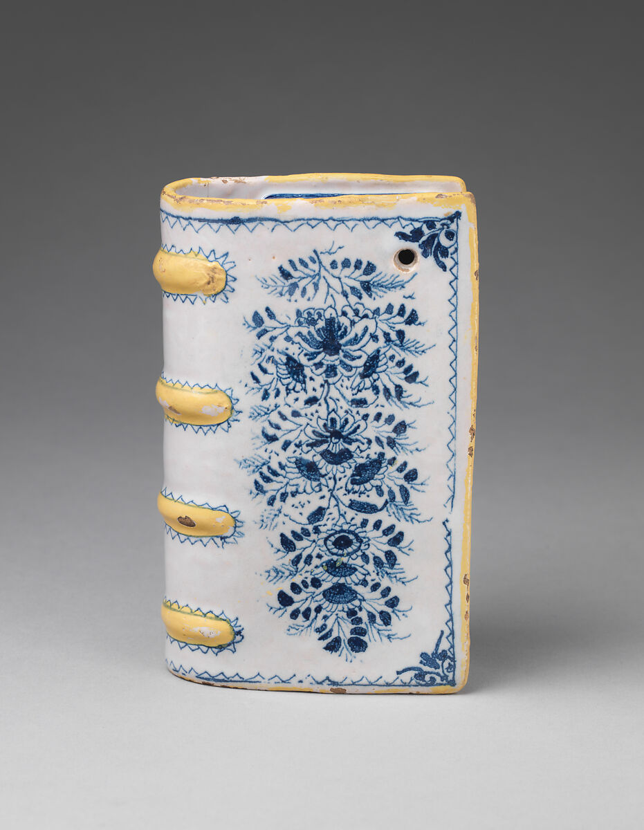 Hand warmer or flask in the shape of a book, Tin-glazed earthenware, British, Lambeth 