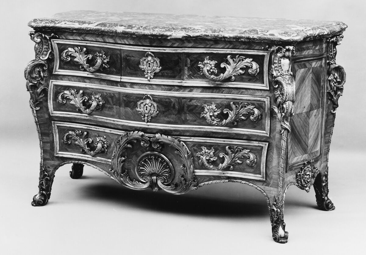 Commode, Tulipwood on pine and oak; gilt bronze, marble, French 