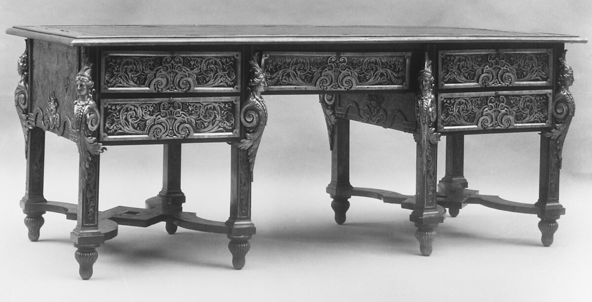 Table desk, Probably by André Charles Boulle (French, Paris 1642–1732 Paris), Ebony, brass, and tortoiseshell, gilt-bronze and tooled red leather top, French 