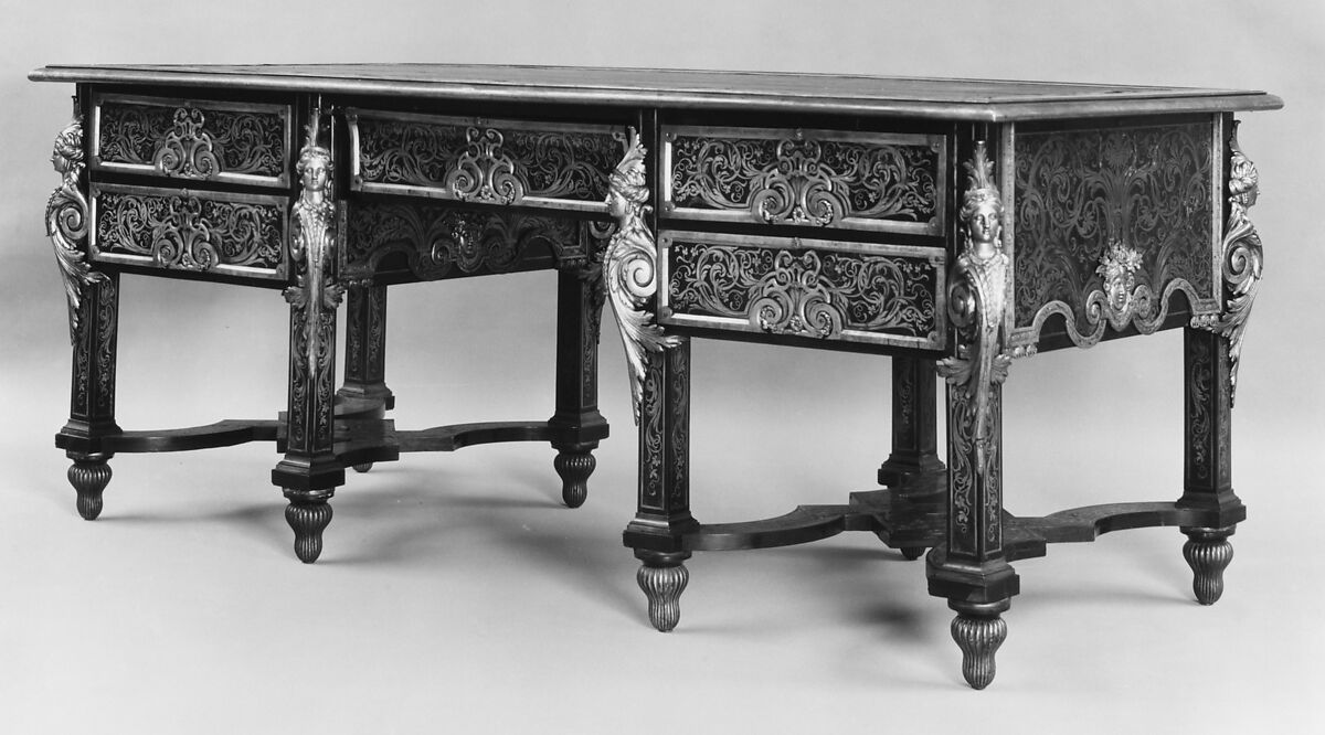 Table desk, Probably by André Charles Boulle (French, Paris 1642–1732 Paris), Ebony, brass, and tortoiseshell, gilt-bronze and tooled red leather top, French