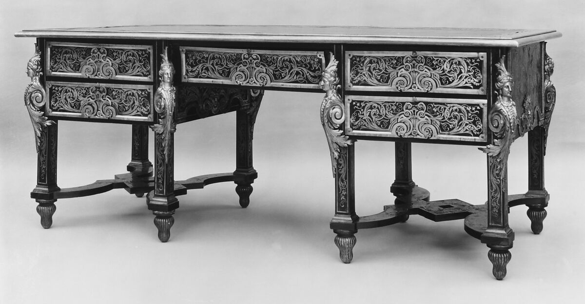 Table desk, Probably by André Charles Boulle (French, Paris 1642–1732 Paris), Ebony, brass, and tortoiseshell, gilt-bronze and tooled red leather top, French