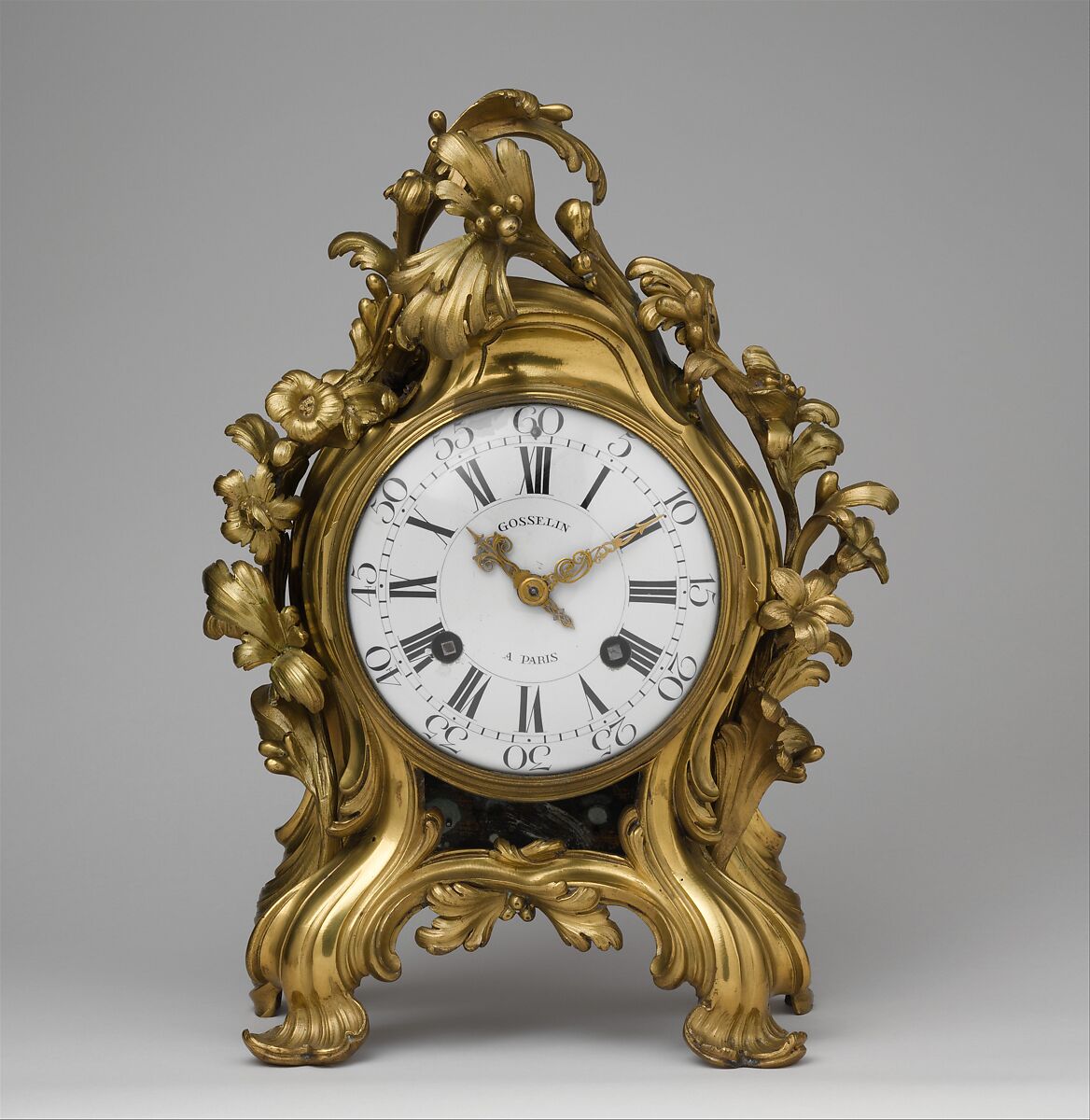 Mantel clock (pendule à console), Clockmaker: probably Jean-Philippe Gosselin (French, recorded as master in Paris 1717, died 1766), Case: bronze, formerly gilded, silvered or lacquered; dial: white enamel, with black numerals; movement: brass and steel, French, Paris 