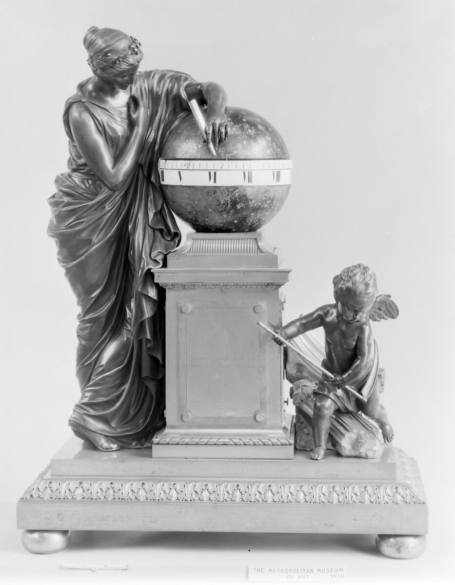 Mantel clock ("Pendule Clio"), Clockmaker: Jean-André Lepaute (French, 1720–1789), Case: patinated and gilded bronze, and patinated copper (?); Dial: white enamel; Movement: brass and steel, French, Paris 