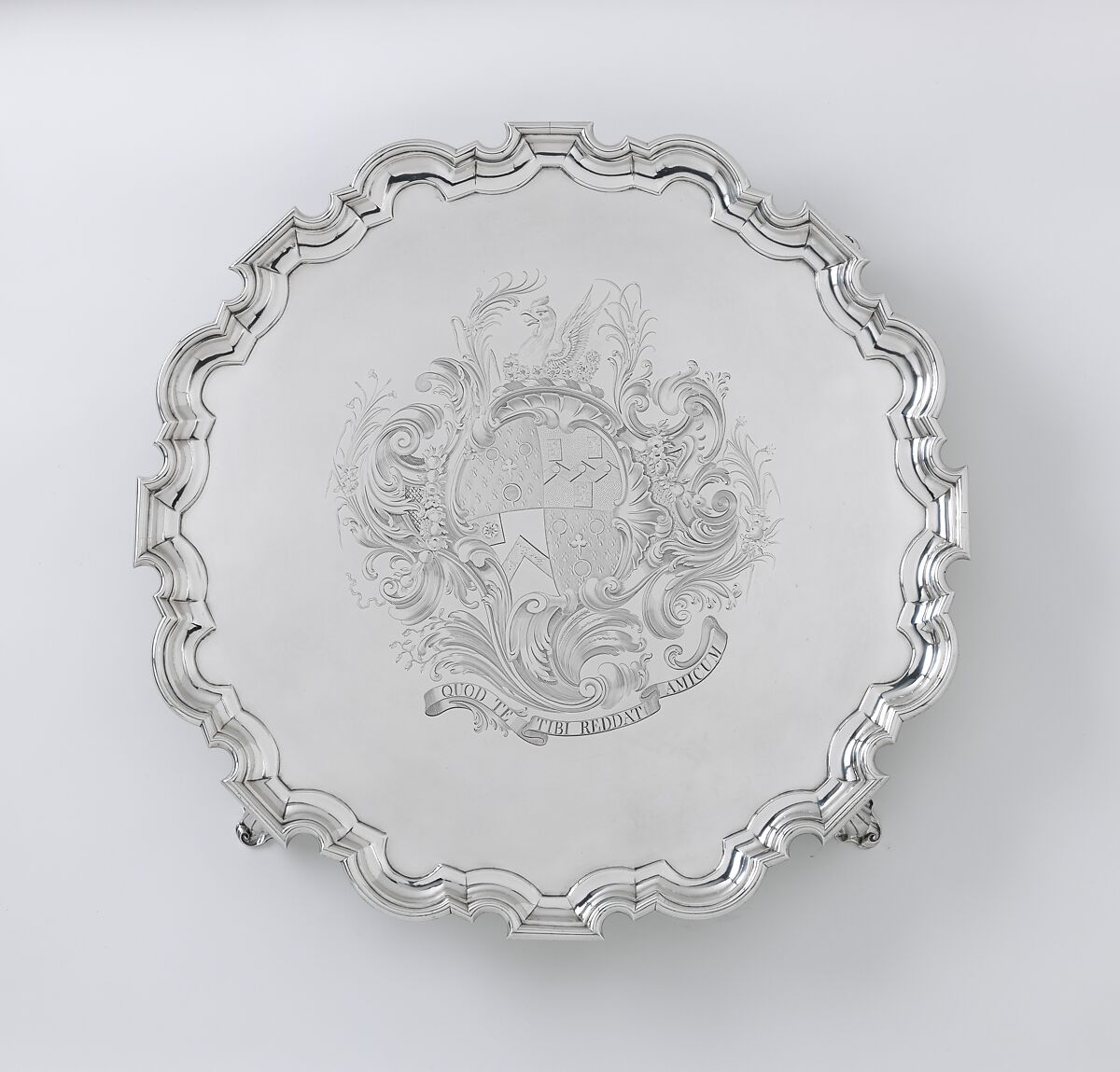 Salver with arms of Judith Jodrell, Possibly by John Swift (British, active from 1728), Silver, British, London 