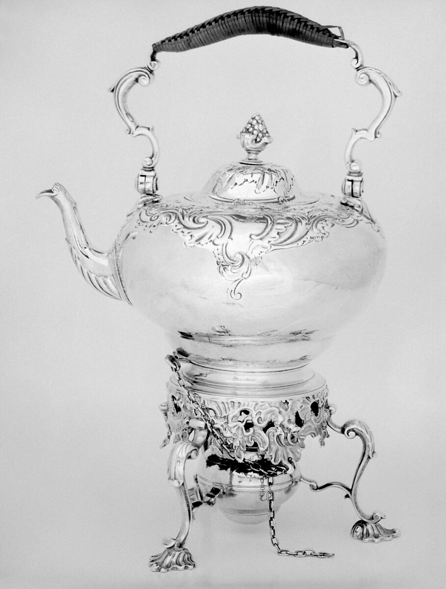 Teakettle with stand and spirit lamp, Thomas Heming (active 1745–73), Silver, British, London 