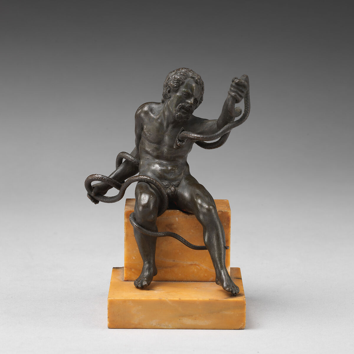 Man Struggling with a Serpent, Bronze, on yellow marble base, Italian, Padua 