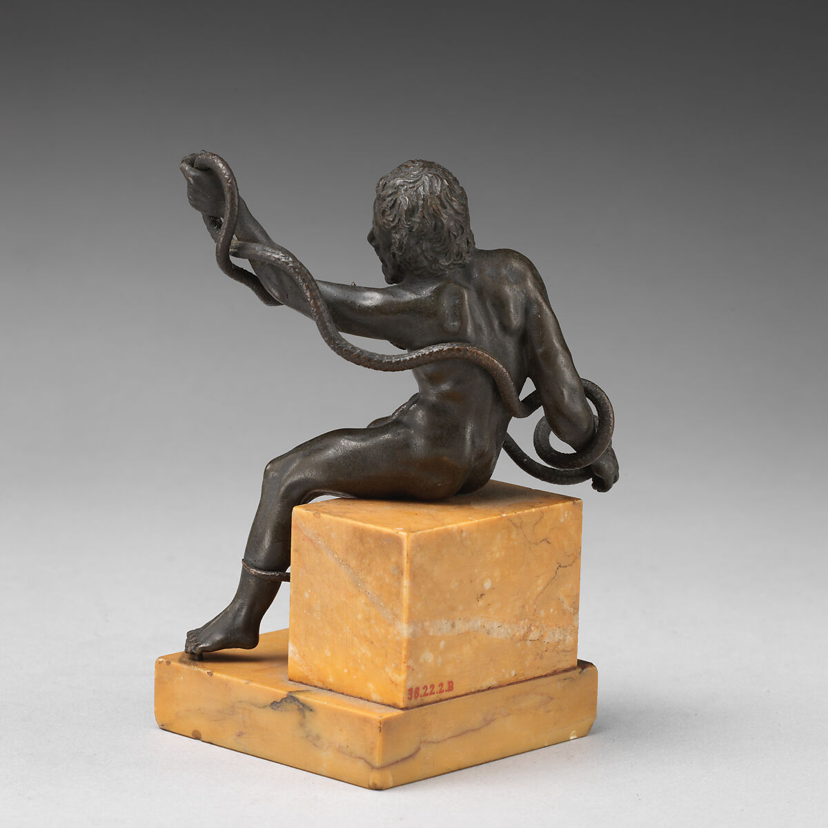Man Struggling with a Serpent, Bronze, on yellow marble base, Italian, Padua
