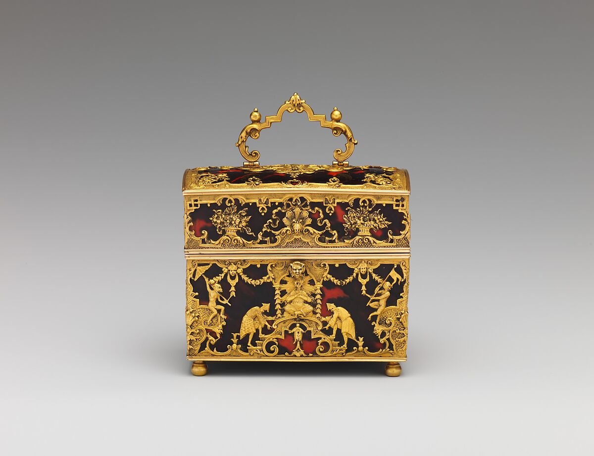 Nécessaire, Wood veneered with tortoiseshell and gold; implements of glass, ivory, and gold
, German, probably Augsburg