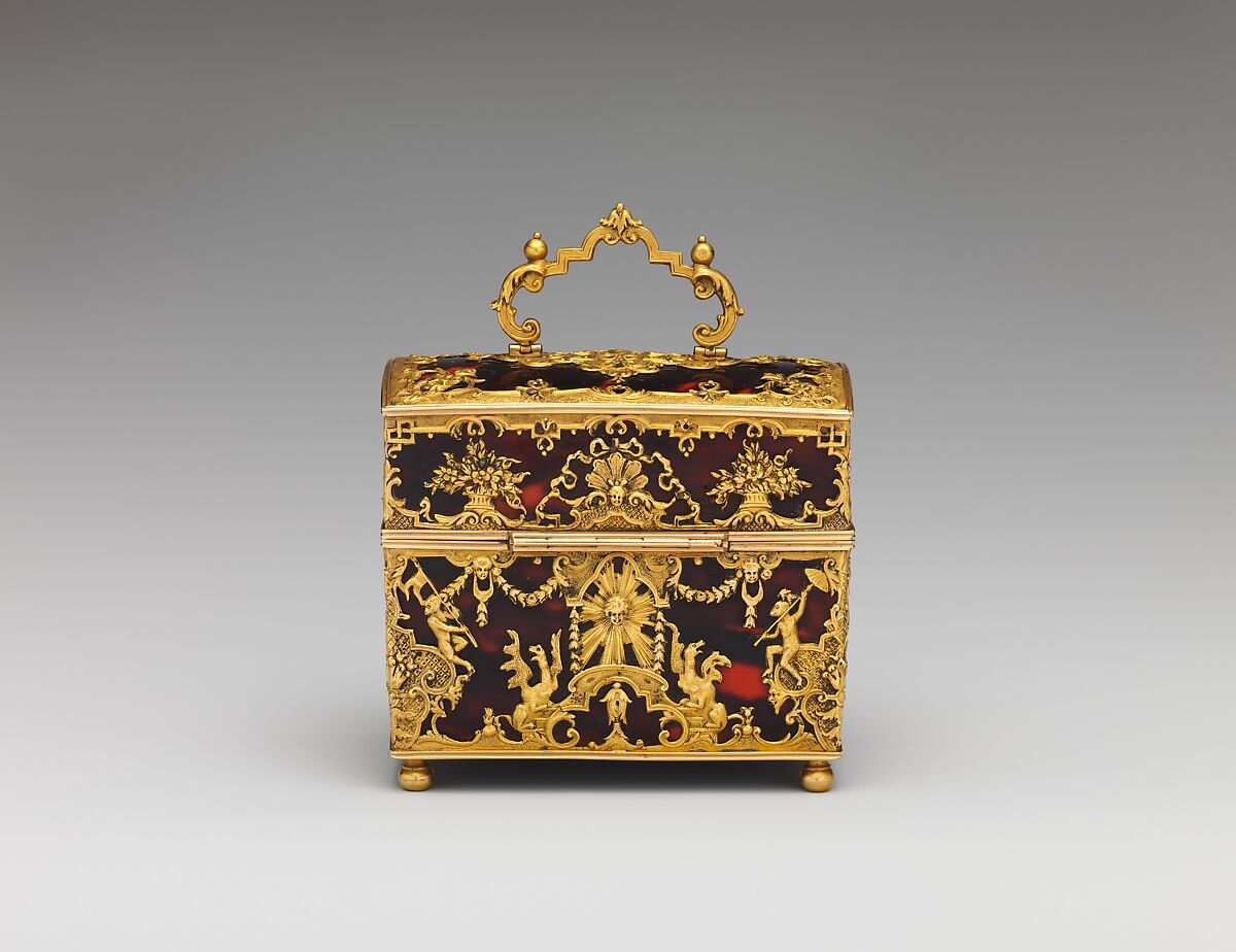 Nécessaire, Wood veneered with tortoiseshell and gold; implements of glass, ivory, and gold
, German, probably Augsburg