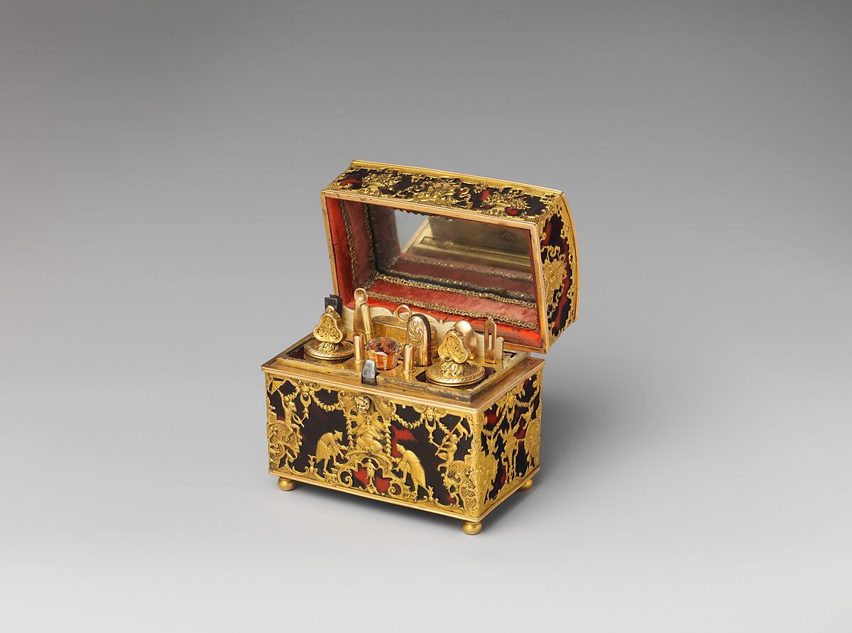 Nécessaire, Wood veneered with tortoiseshell and gold; implements of glass, ivory, and gold
, German, probably Augsburg