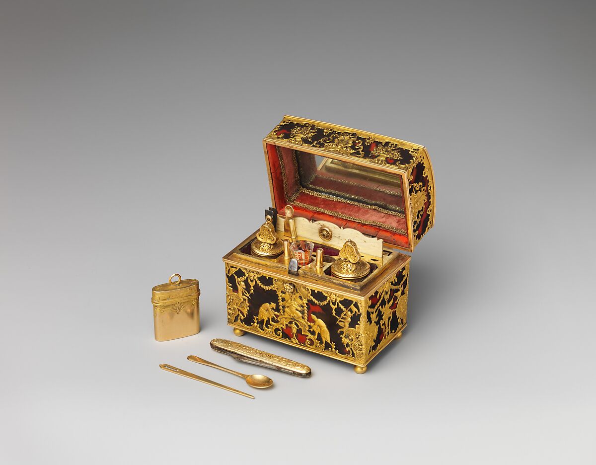 Nécessaire, Wood veneered with tortoiseshell and gold; implements of glass, ivory, and gold
, German, probably Augsburg 