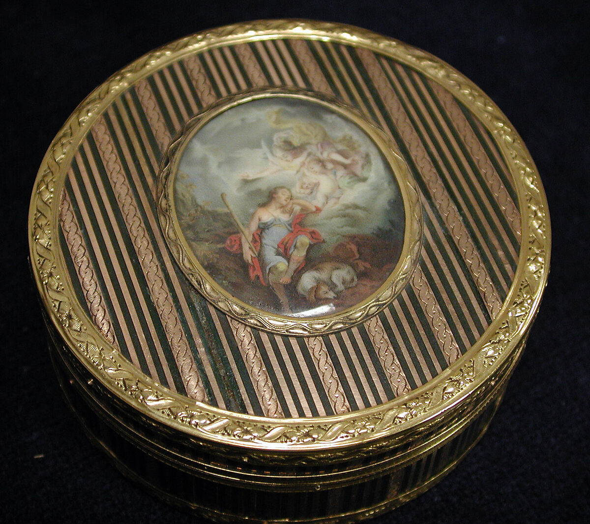 Snuffbox with miniature of sleeping Endymion and Selene, Gold and composition; tortoiseshell; ivory, French, Paris 