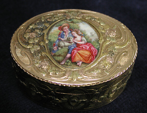 Box with pastoral scene, F. B., Switzerland, Gold, enamel, probably Swiss 