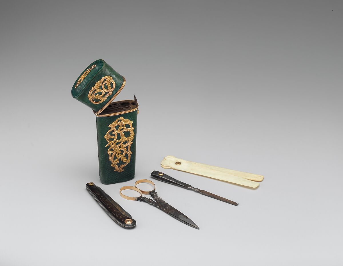 Nécessaire, Shagreen on wood, gold; implements of gold, ivory, 
and steel, French 