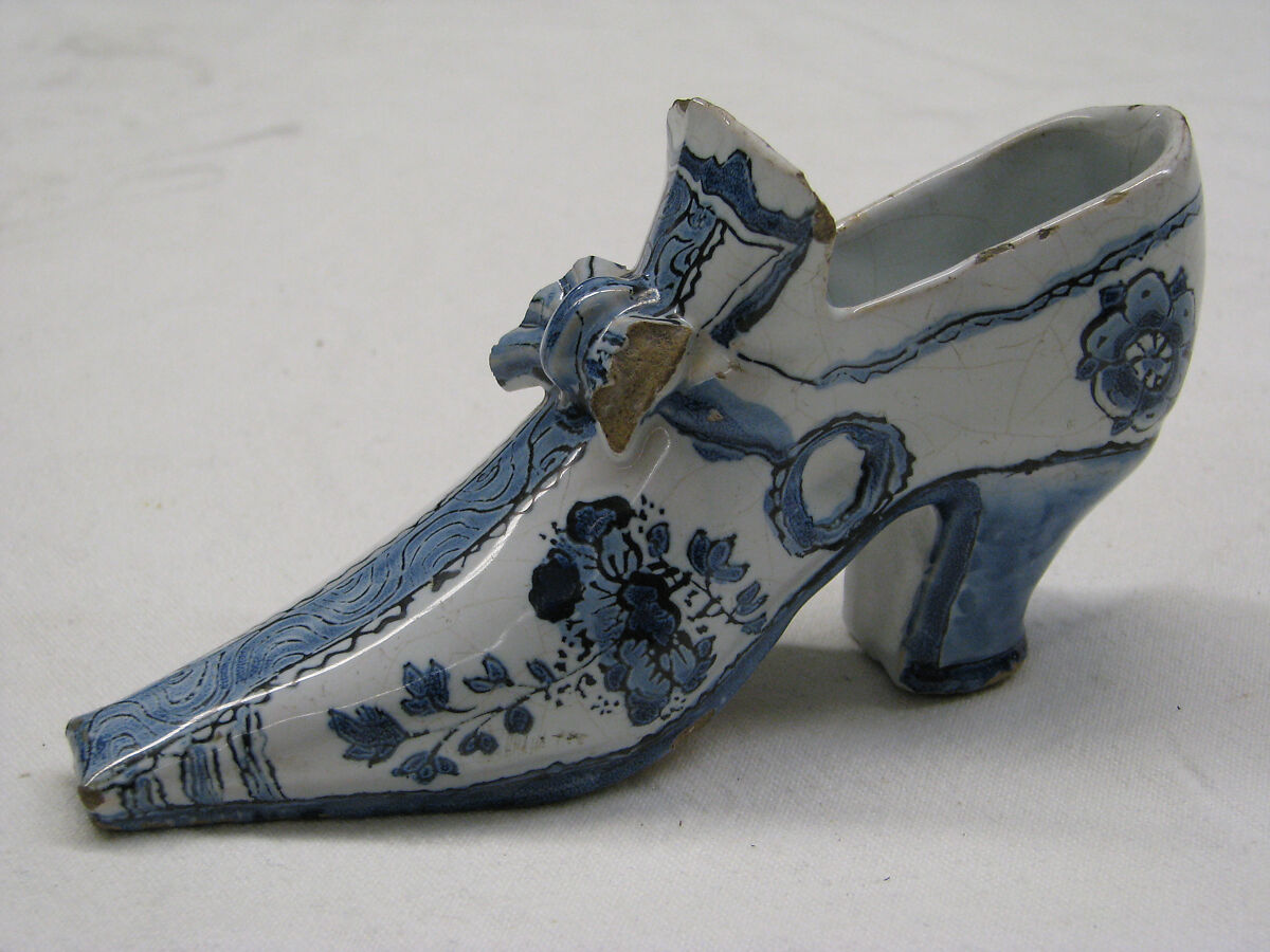 Shoe, Tin-glazed earthenware (Delftware), Dutch, Delft 