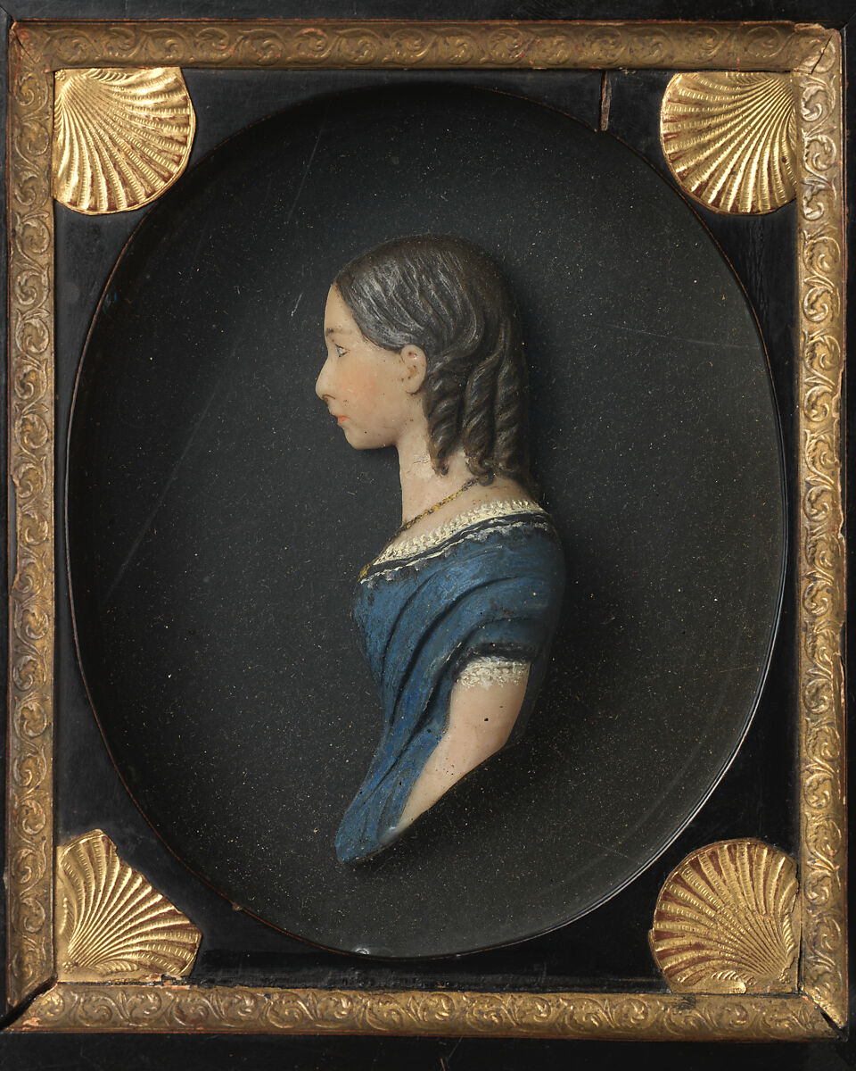 Portrait of a girl, Wax, colored; frame: black wood, gilt, British or German 