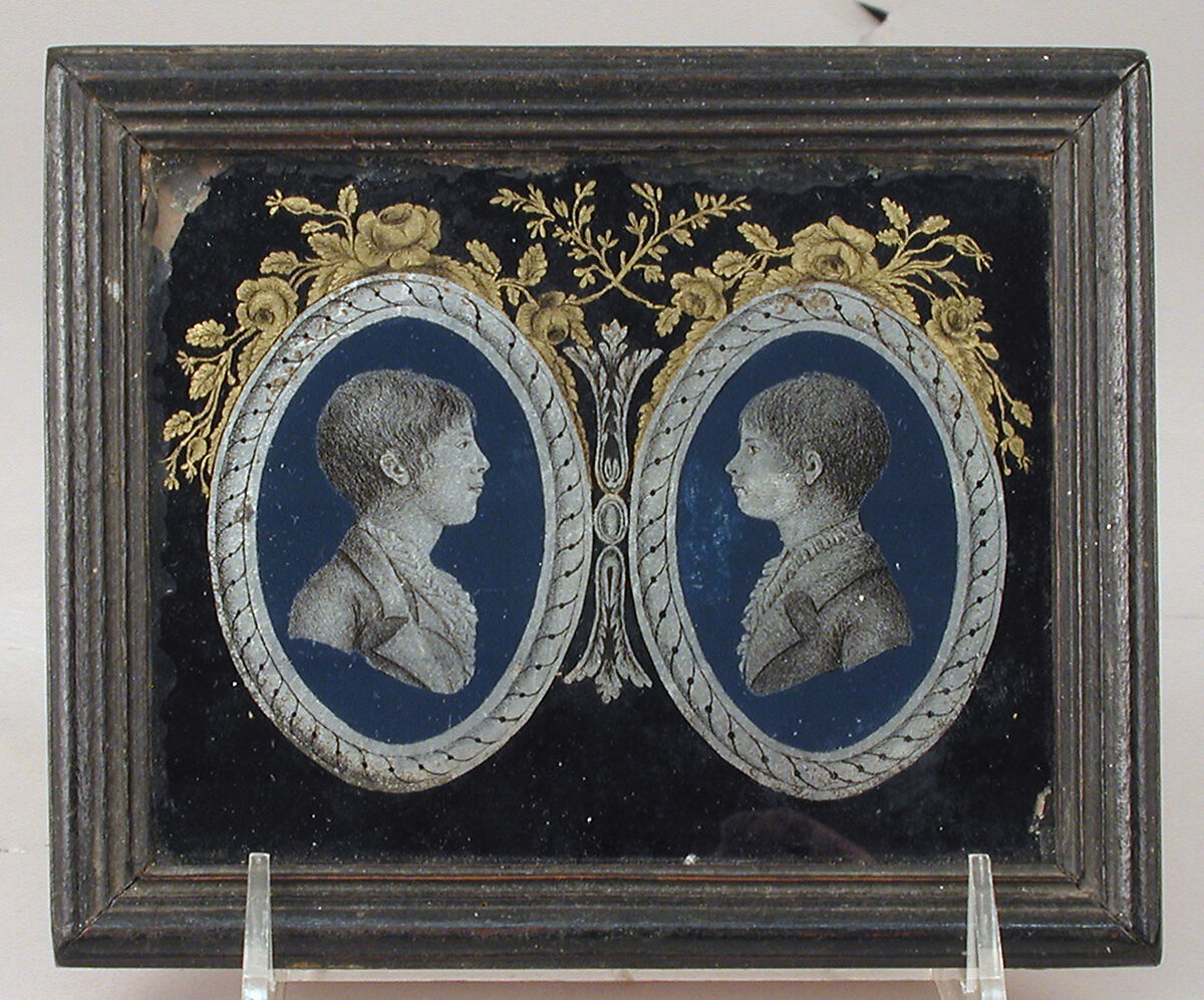 Panel with portraits of two boys, Verre églomisé, possibly French 