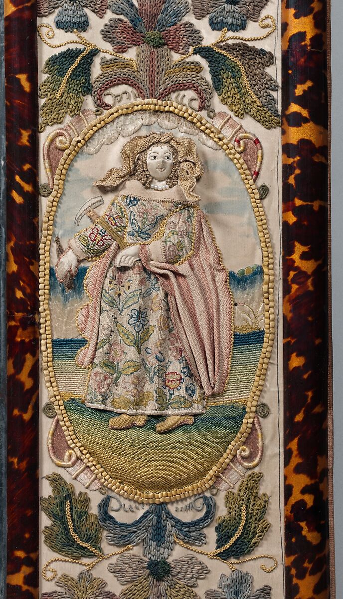 Mirror with Jael and Barak, Satin worked with silk and metal-wrapped thread, beads, purl, mica, seed pearls; detached buttonhole variations, long-and-short, satin, couching, and straight stitches; wood frame, celluloid imitation tortoiseshell, mirror glass, silk plush, British