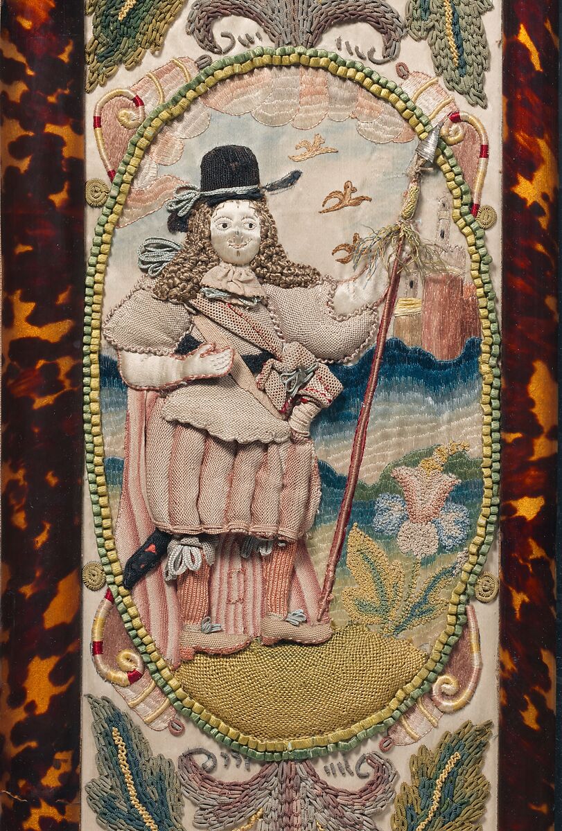 Mirror with Jael and Barak, Satin worked with silk and metal-wrapped thread, beads, purl, mica, seed pearls; detached buttonhole variations, long-and-short, satin, couching, and straight stitches; wood frame, celluloid imitation tortoiseshell, mirror glass, silk plush, British