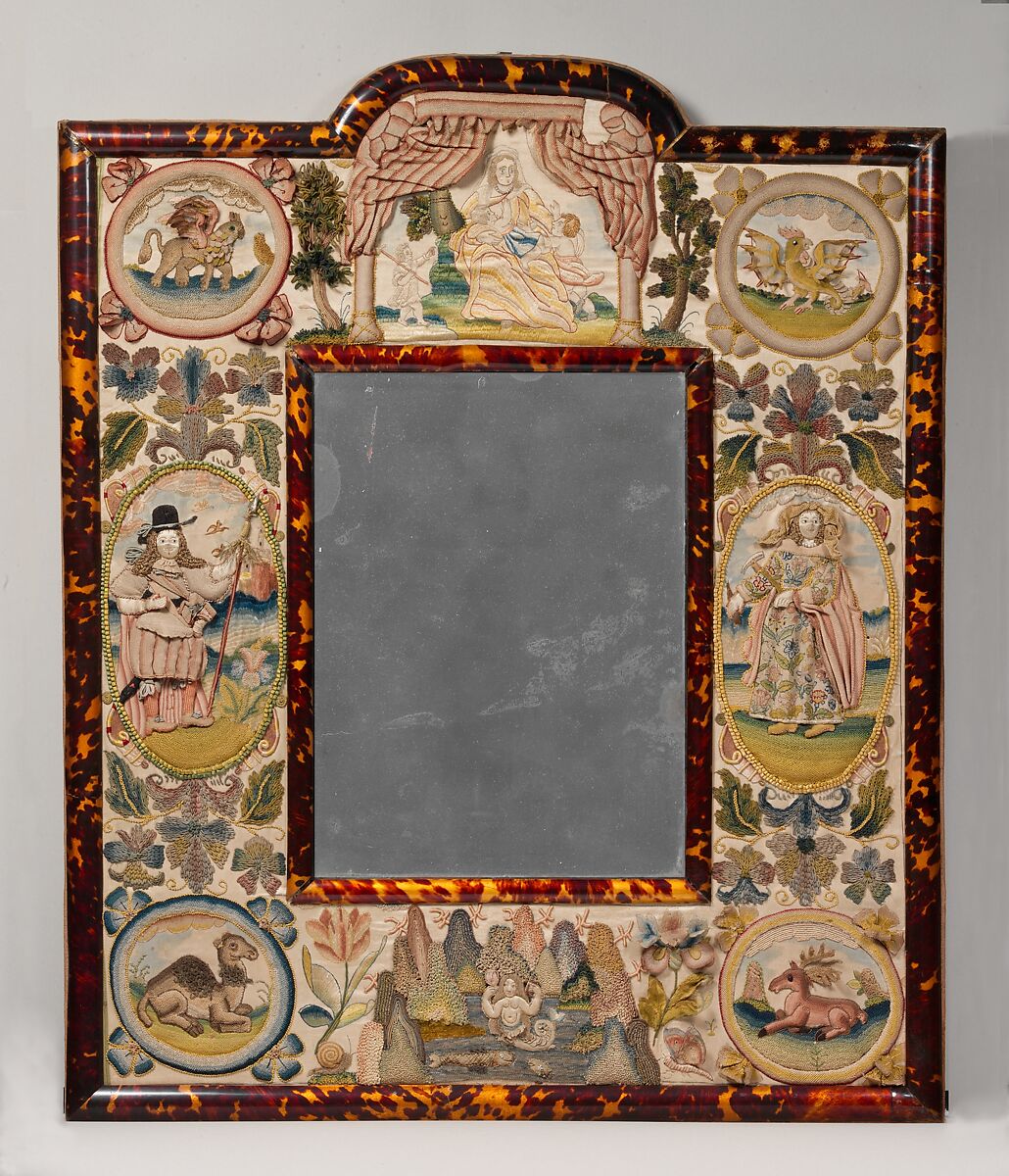 Mirror with Jael and Barak, Satin worked with silk and metal-wrapped thread, beads, purl, mica, seed pearls; detached buttonhole variations, long-and-short, satin, couching, and straight stitches; wood frame, celluloid imitation tortoiseshell, mirror glass, silk plush, British 