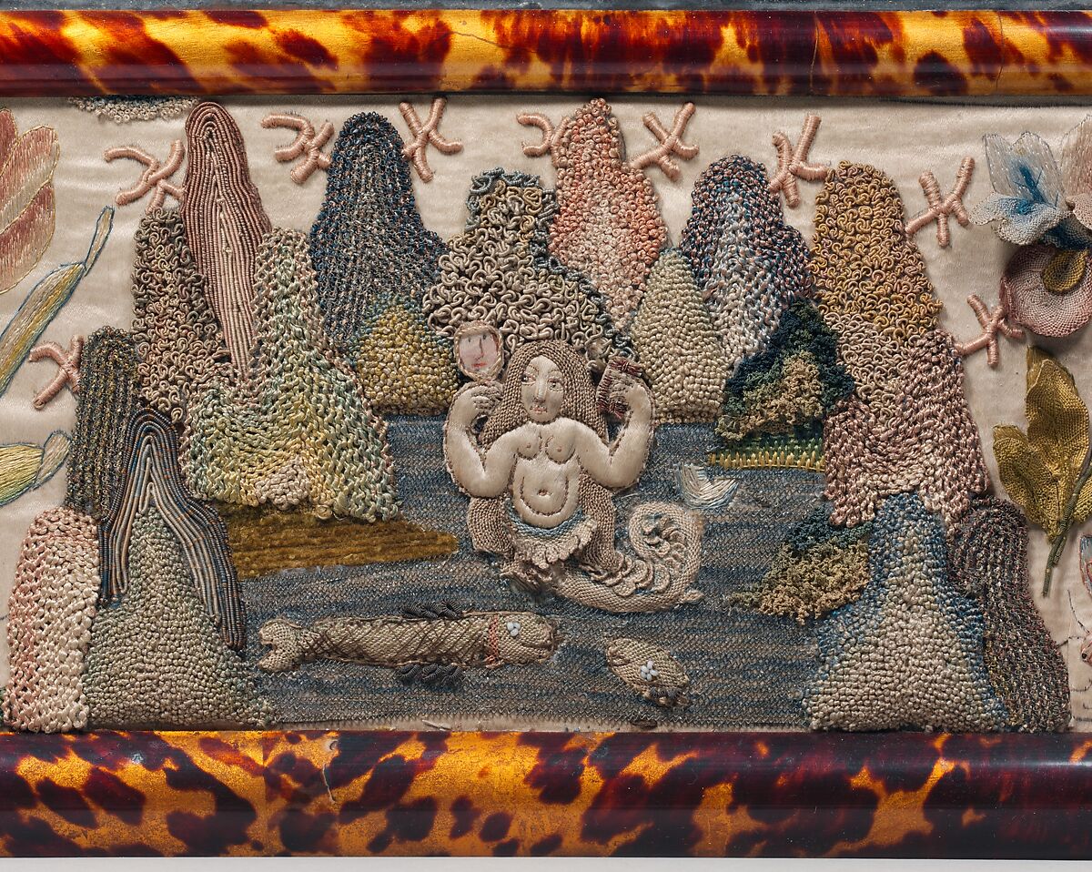 Mirror with Jael and Barak, Satin worked with silk and metal-wrapped thread, beads, purl, mica, seed pearls; detached buttonhole variations, long-and-short, satin, couching, and straight stitches; wood frame, celluloid imitation tortoiseshell, mirror glass, silk plush, British