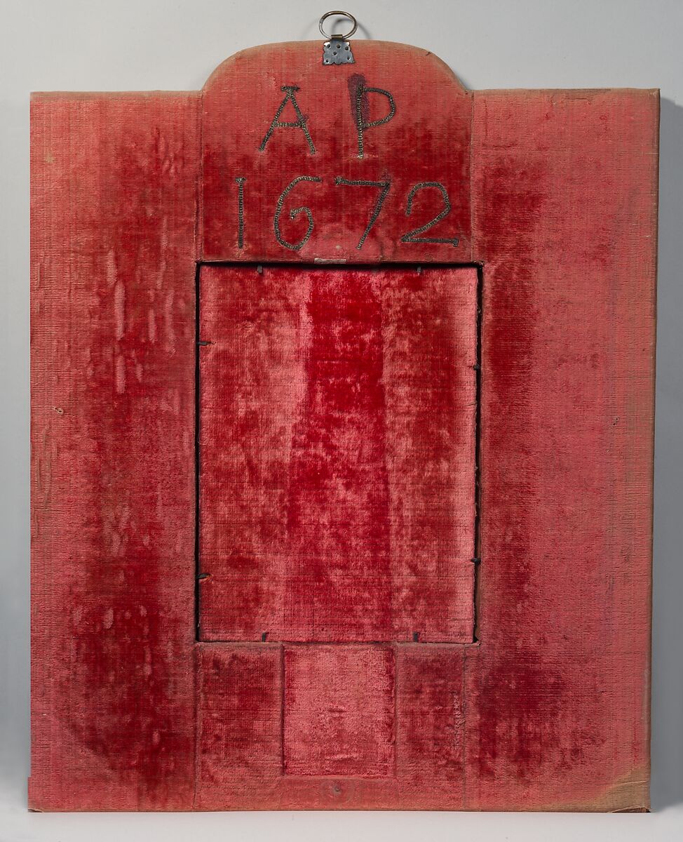 Mirror with Jael and Barak, Satin worked with silk and metal-wrapped thread, beads, purl, mica, seed pearls; detached buttonhole variations, long-and-short, satin, couching, and straight stitches; wood frame, celluloid imitation tortoiseshell, mirror glass, silk plush, British