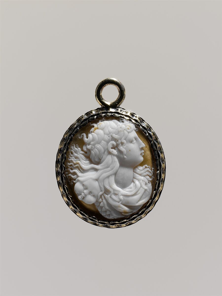 Head of a Medusa (?), Onyx or sardonyx, mounted in silver, probably French 