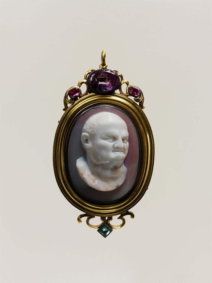 Bust of the Emperor Vespasian (Titus Flavius Vespasianus, 9–79), Onyx, mounted in gold, with rubies, amethyst, and emerald, as a pendant, Italian 