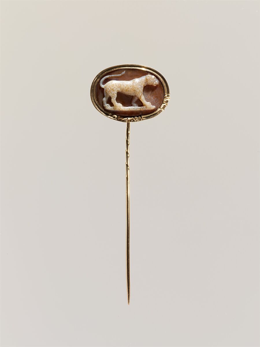 Walking leopard, Sardonyx, mounted in gold as a pin, subsequently gouged, Italian 