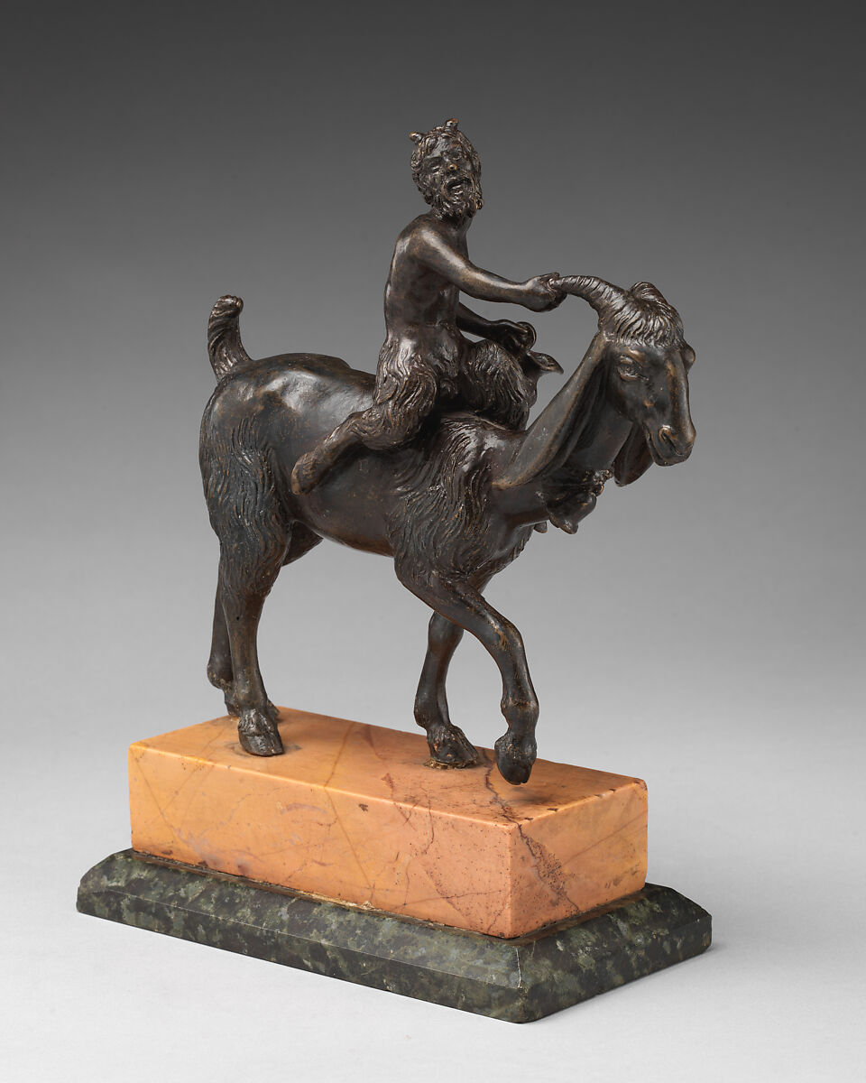 Satyr Riding a Goat, Manner of Andrea Briosco, called Riccio (Italian, Trent 1470–1532 Padua), Bronze; dark brown patina; yellow and green marble base, Italian, Padua