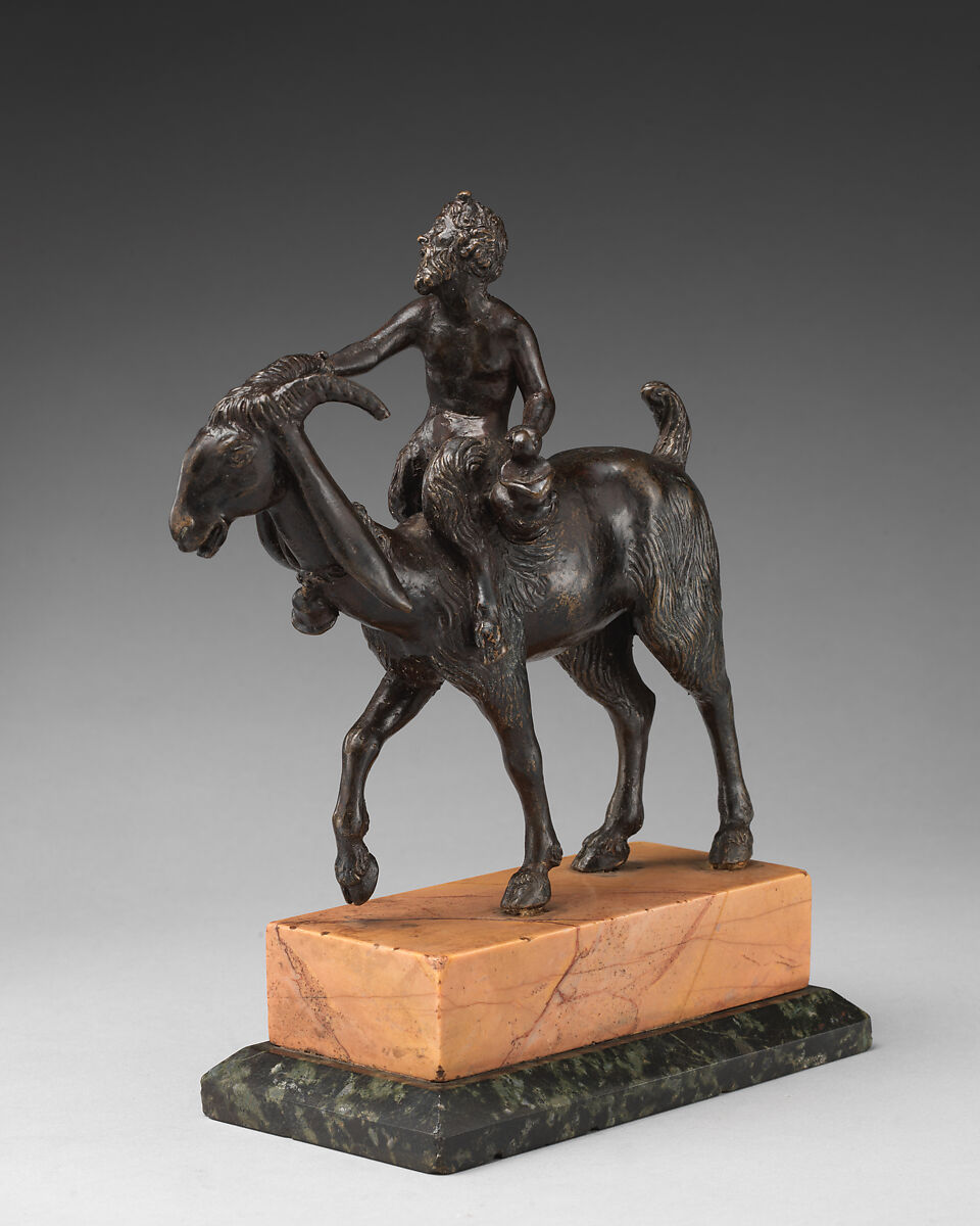 Satyr Riding a Goat, Manner of Andrea Briosco, called Riccio (Italian, Trent 1470–1532 Padua), Bronze; dark brown patina; yellow and green marble base, Italian, Padua